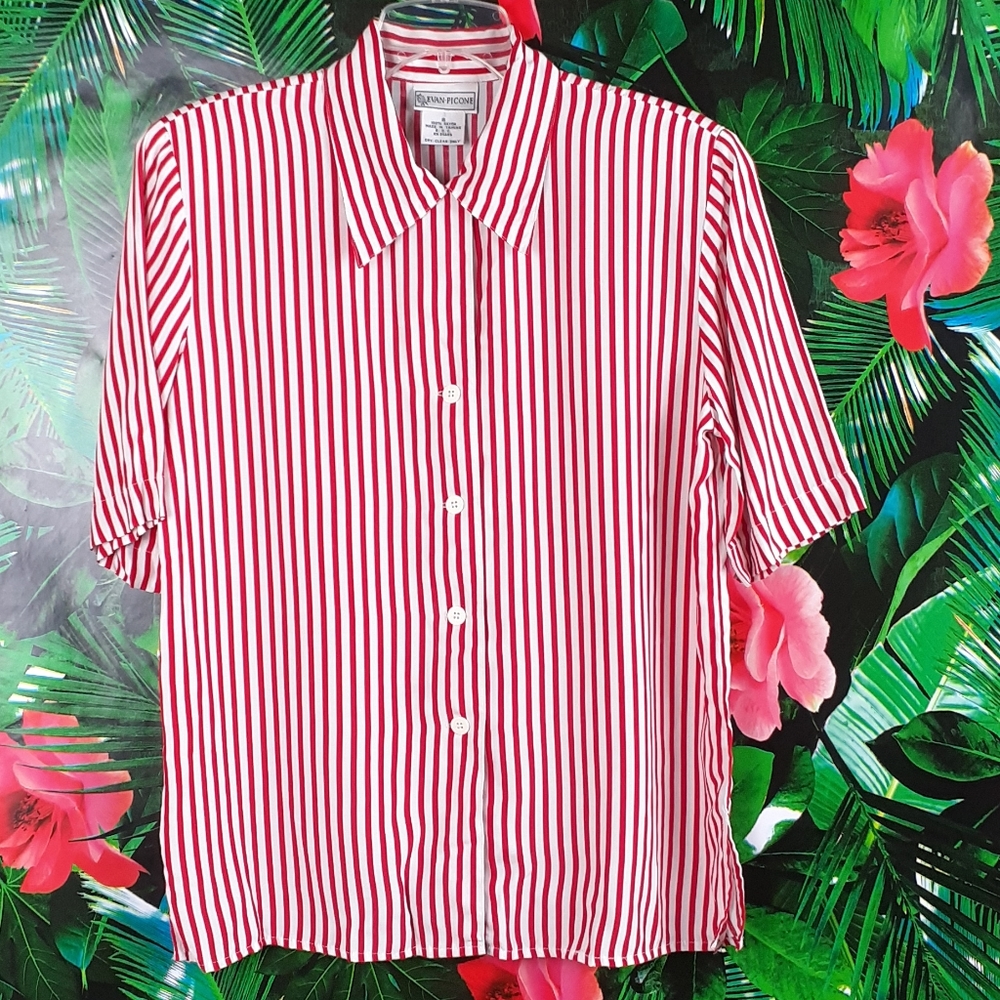 Red and White Striped Vintage Button Blouse